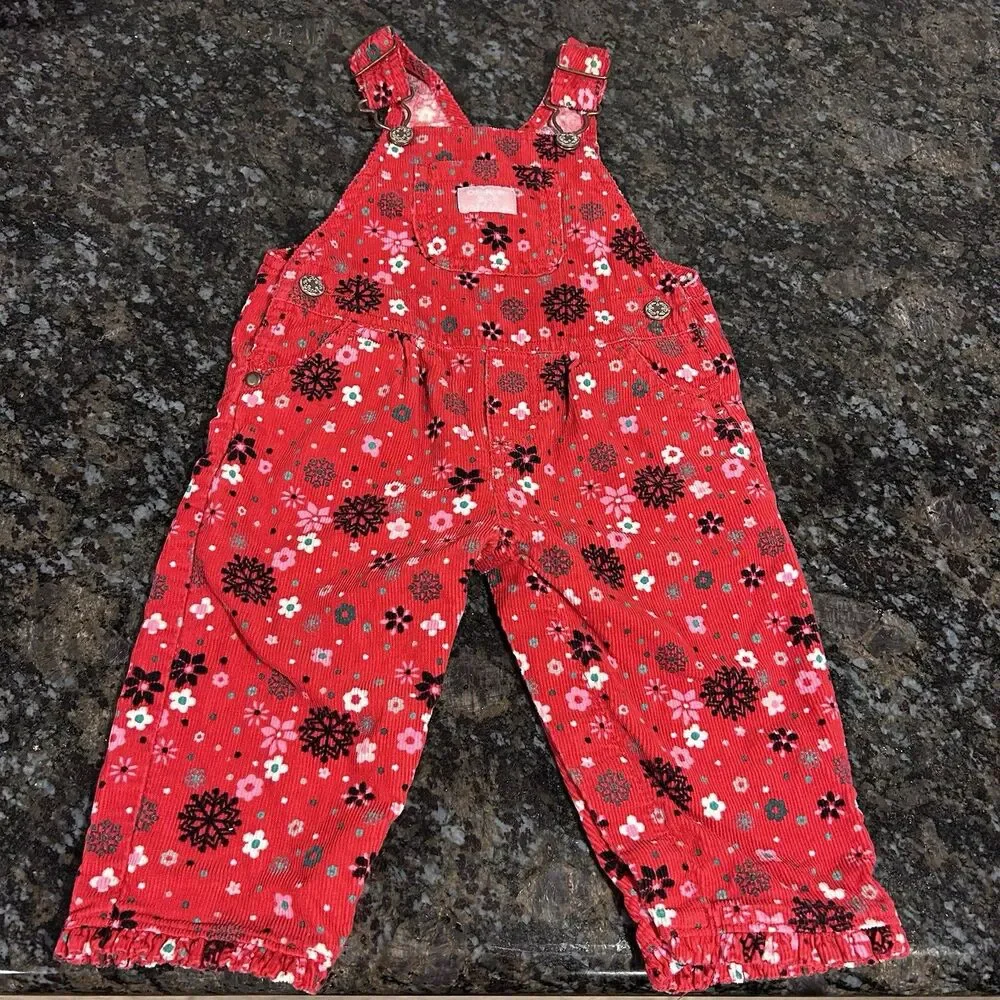 Vintage Oshkosh Floral Snowflake Red Overalls 100% Cotton Infant 9 M Corduroy